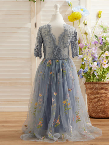 Vestido de niña de las flores color salvia con escote redondo, superficie de tela y tul (2003227581) 