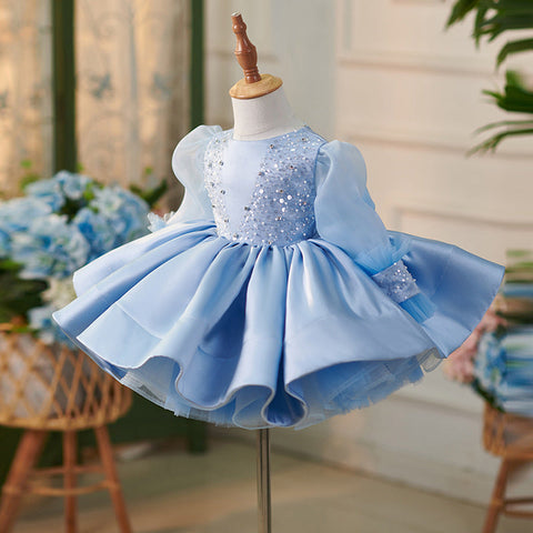 Vestido azul de organza hasta la rodilla para bebé niña 