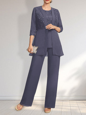 Jumpsuit/Pantsuit Separates Scoop Floor-Length Chiffon Lace Mother of the Bride Dress With Sequins