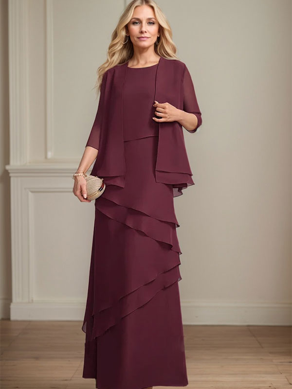 Vestido de gasa de corte recto y escote redondo hasta el suelo para la madre de la novia