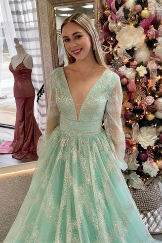 Plunging V Neck Illusion Sleeves Beaded Long Prom Dress