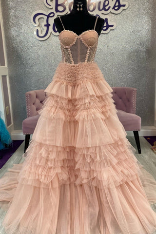 Blushing Pink Tulle Ruffle Layers Lace-Up Back A-Line Prom Dress