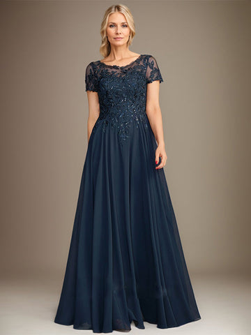 A-Line Scoop Floor-Length Chiffon Mother of the Bride Dress With Applique & Sequins