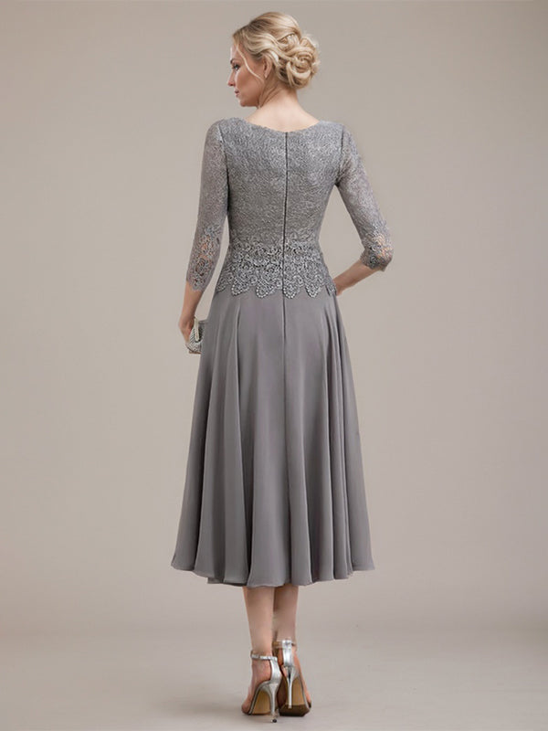 Vestido de corte A con escote redondo y largo hasta la rodilla en gasa de encaje para la madre de la novia 