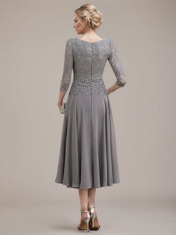 A-line Scoop Tea-Length Lace Chiffon Mother of the Bride Dress