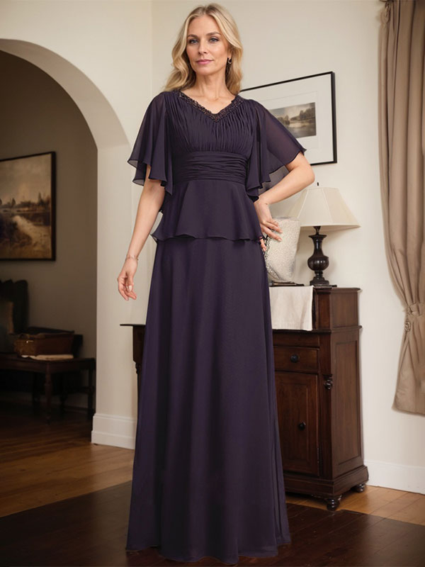 Vestido de gasa de corte A, escote en V, largo hasta el suelo, para la madre de la novia, con plisados ​​y cuentas.
