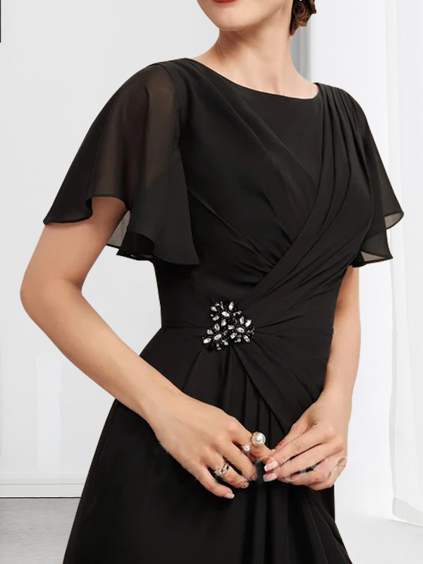 Vestido de gasa de corte A, escote redondo, largo hasta el tobillo, para la madre de la novia, con plisados ​​y cuentas.