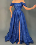 Sparkly Off The Shoulder Sequin Slit Prom Dress Blue A Line Evening Dress Y8532