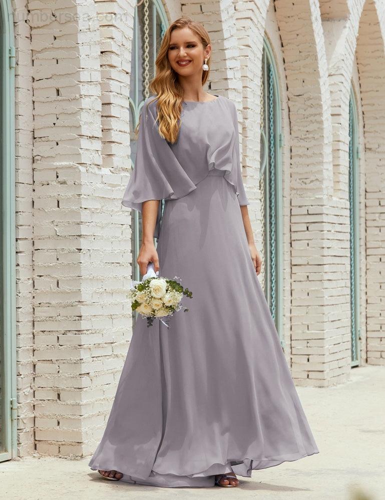 Vestido de dama de honor Sunderly para mujer, manga larga, cuello en V, de gasa, vestido formal de fiesta de boda SY28018