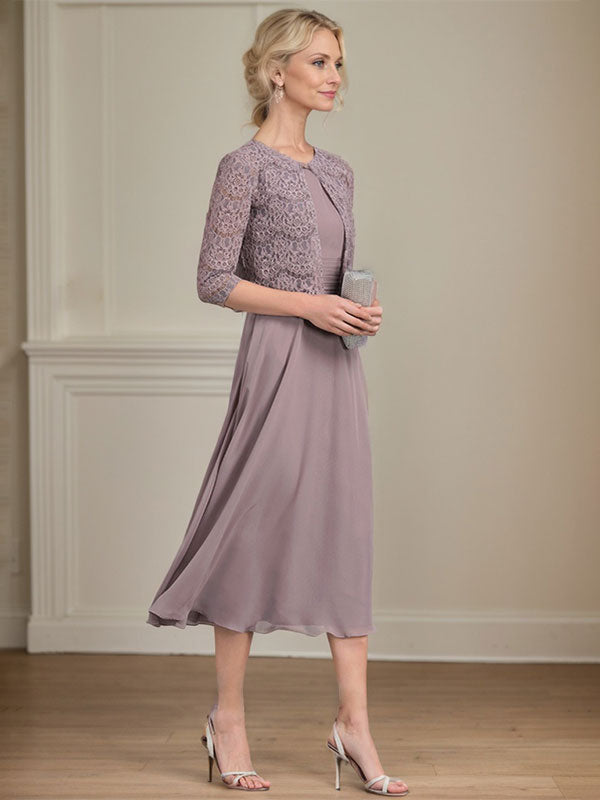 Vestido de chifón de corte línea A, largo té, para la madre de la novia, con escote redondo y pliegues.