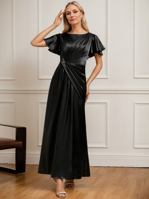 Vestido de novia corte A, escote redondo, largo hasta el tobillo, de satén elástico con plisados ​​y cuentas. 