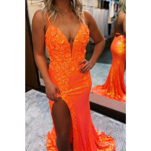 Robe de bal longue à bretelles spaghetti et paillettes orange avec fente
