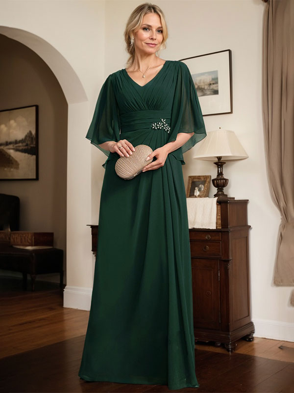 Vestido de corte recto/columna, escote en V, largo hasta el suelo, de gasa, para la madre de la novia, con lentejuelas plisadas y pedrería.