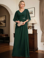 Vestido de corte recto/columna, escote en V, largo hasta el suelo, de gasa, para la madre de la novia, con lentejuelas plisadas y pedrería.