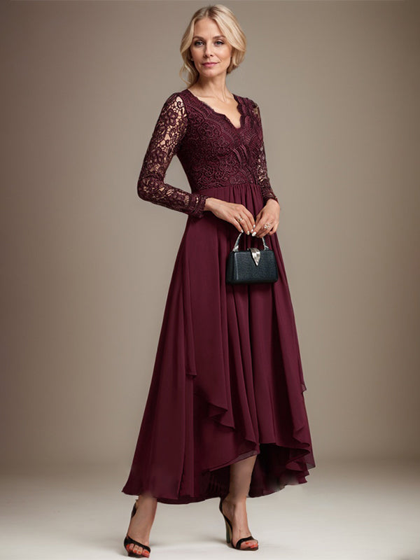 Vestido de novia de gasa con encaje asimétrico, escote en V y corte en A para la madre de la novia 