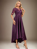 Robe de mère de la mariée asymétrique en satin stretch dentelle et dentelle, coupe trapèze, effet illusion, ornée de sequins 