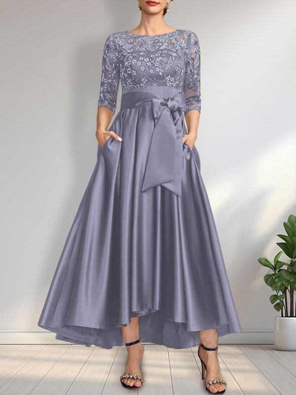 Vestido de madrina de la novia, corte asimétrico, escote ilusión, satén y encaje, con lazo.