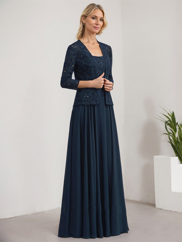 Vestido de corte A, cuadrado, largo hasta el suelo, de encaje y gasa con lentejuelas para la madre de la novia 