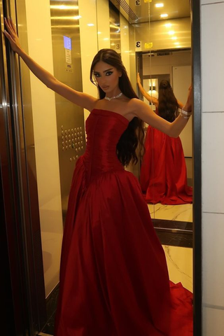 Beautiful Red Strapless Slit Party Evening Dress Formal Satin A Line Prom Dress Y8170