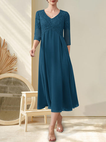 A-line V-Neck Tea-Length Chiffon Lace Mother of the Bride Dress With Beading