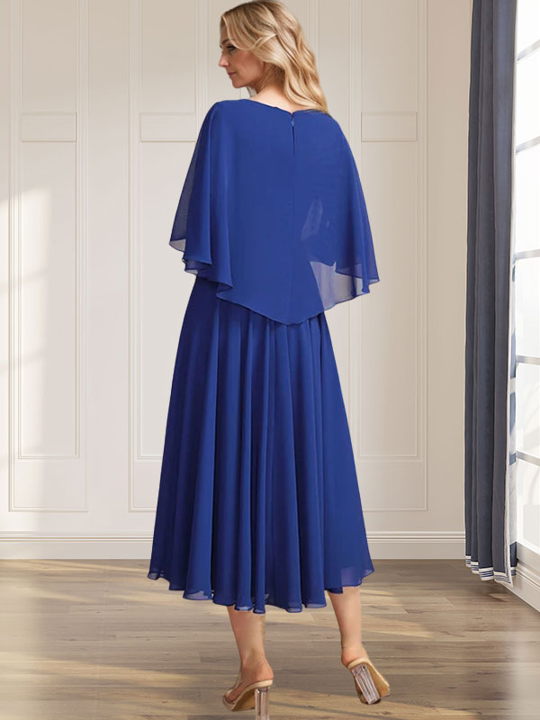 Vestido de corte A, escote en V, largo té, de gasa, para la madre de la novia, con apliques de lentejuelas plisadas, encaje y cuentas. 