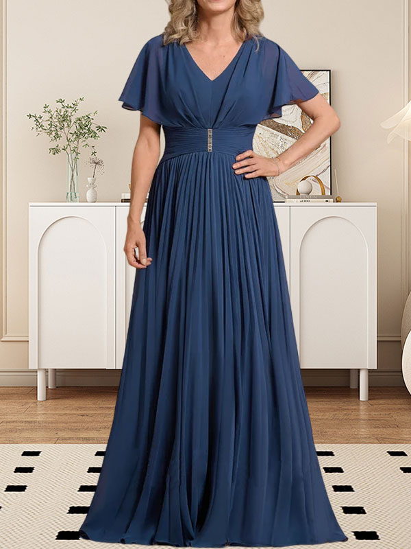 Vestido de gasa de corte A, escote en V, largo hasta el suelo, para la madre de la novia, con broche de cristal y pliegues. 