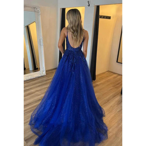 Elegant & Luxurious Straps Backless A-Line Side Slit Tulle Evening Party Prom Dress