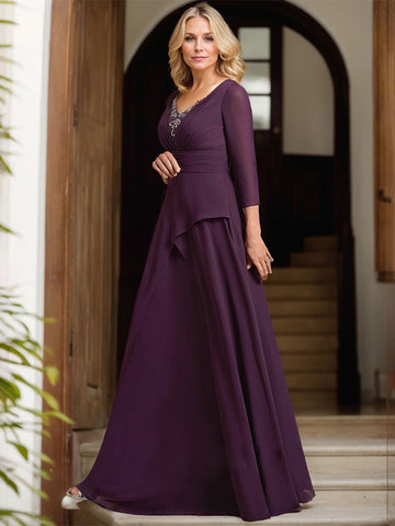 A-line V-Neck Floor-Length Chiffon Mother of the Bride Dress With Pleated Beading