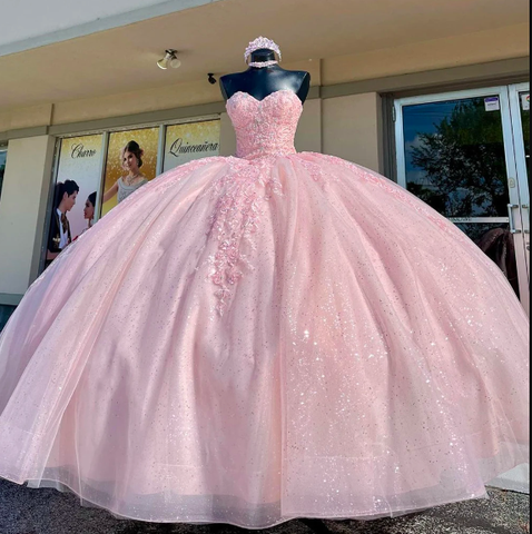Vestido de quinceañera rosa claro con escote corazón, vestido de baile para fiesta de cumpleaños Y2730