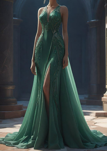 Gorgeous Green Satin Chiffon Appliques Evening Dress Mermaid Long Prom Dress Y8367