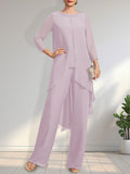 Vestido de dos piezas para la madre de la novia: mono/pantalón de gasa con escote redondo y largo hasta el suelo, adornado con lentejuelas y pedrería.