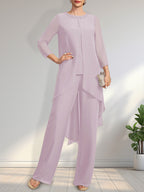 Vestido de dos piezas para la madre de la novia: mono/pantalón de gasa con escote redondo y largo hasta el suelo, adornado con lentejuelas y pedrería.