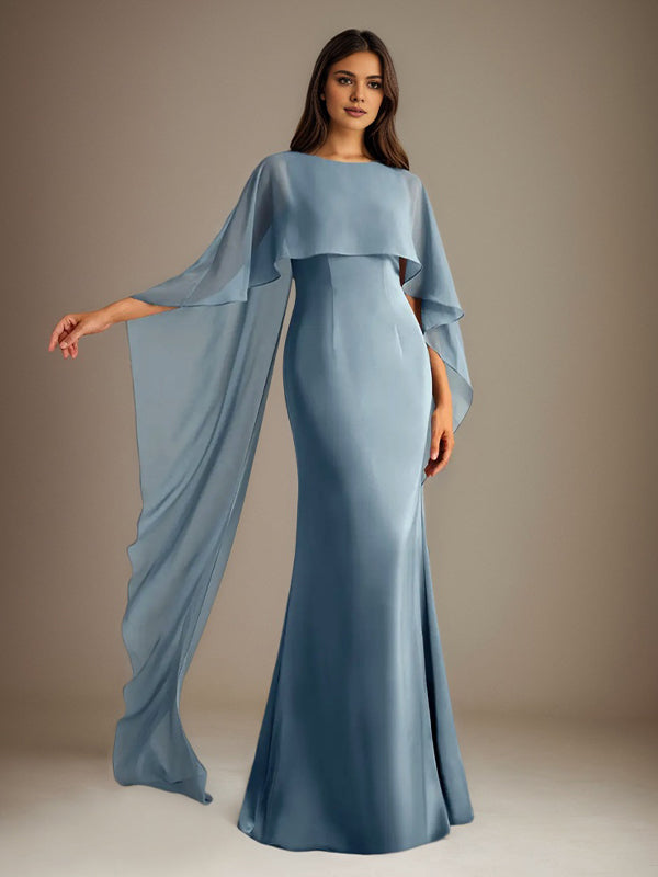 Vestido de gasa de corte recto/columna, escote barco y largo hasta el suelo, para la madre de la novia, con volantes en cascada. 