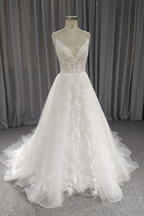 Vestido de novia corte A con tirantes finos y apliques, sencillo vestido de novia con escote en V Y5601