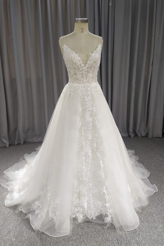 Robe de mariée trapèze à fines bretelles ornée d'appliqués, col en V simple, référence Y5601