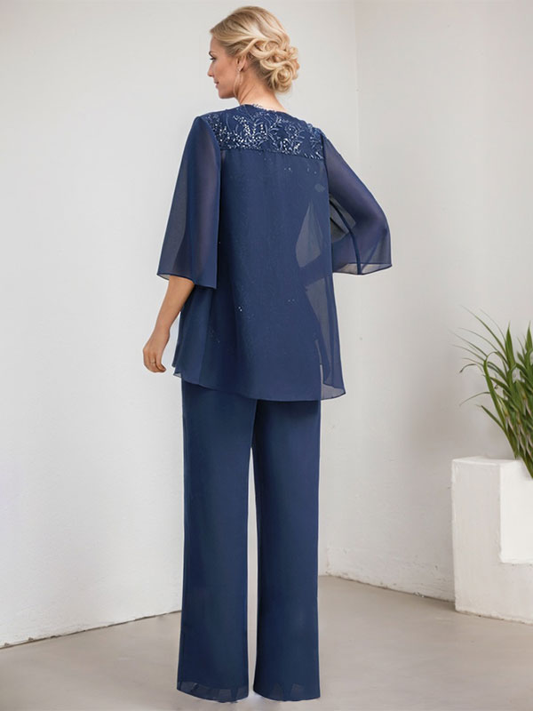 Vestido de novia de gasa con encaje y lentejuelas, estilo mono/pantalón, largo hasta el suelo, con escote redondo.