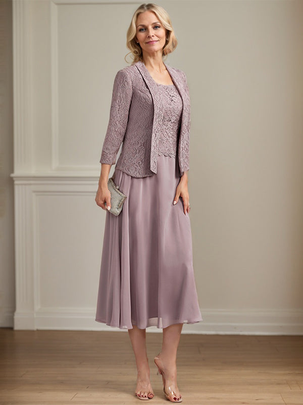 Vestido de corte A con escote redondo y largo hasta la rodilla en gasa de encaje para la madre de la novia 