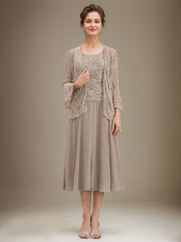Robe de mère de la mariée en mousseline de soie, coupe trapèze, longueur thé, ornée de sequins 