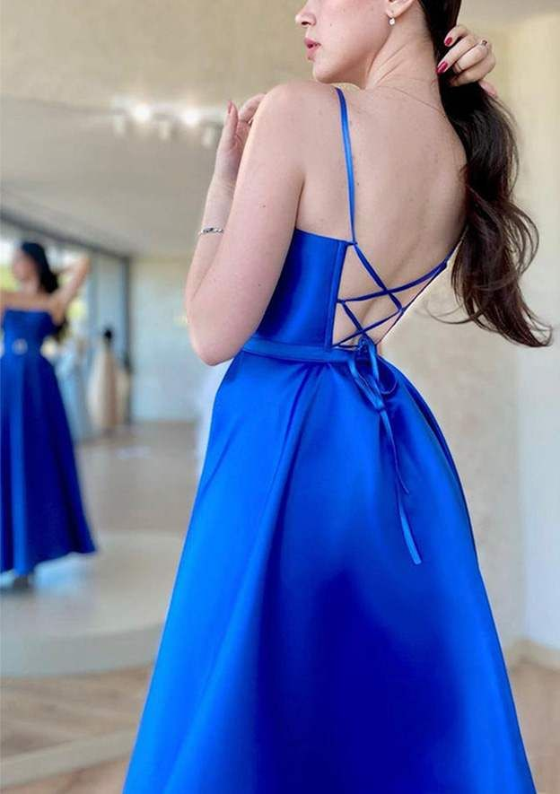 Vestido de fiesta/noche de satén hasta el tobillo con escote cuadrado en línea A y cintura de tirantes finos Y6219