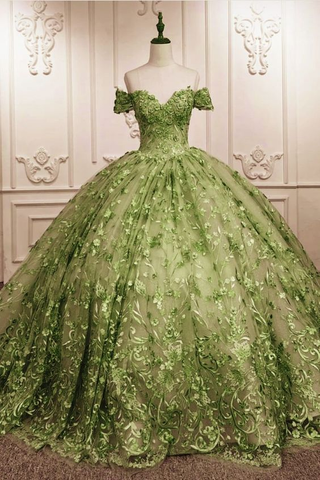 Vestido de quinceañera único de encaje color salvia con hombros descubiertos, ideal para una fiesta de 15 cumpleaños (Y6525)