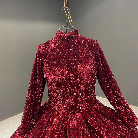 Robe de bal bordeaux à sequins, manches longues, robe de quinceañera Y4442