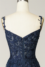 Vestido de fiesta azul marino corte A, encaje y tul, modelo Y382