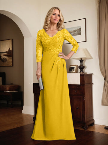 Sheath/Column V-Neck Illusion Floor-Length Lace Chiffon Mother of the Bride Dress With Pleated Sequins