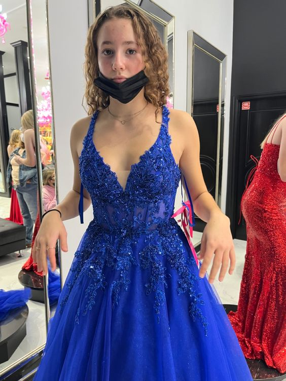 Blue A-line Tulle Appliques Prom Dress Blue Evening Dress Y6450