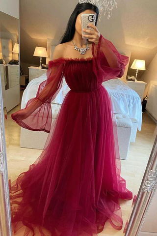 Robe de soirée bordeaux en tulle à manches longues Y503
