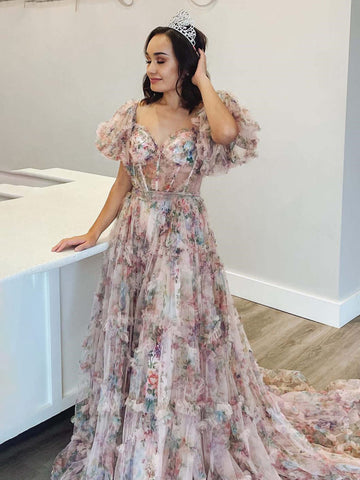 Sydney | Vestido de graduación de tul floral con hombros descubiertos