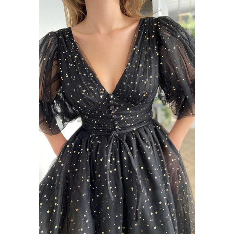 Plunging V-neck Black Star Lace Formal Dress with Pockets
