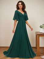 Vestido de corte A, escote en V, largo hasta el suelo, de gasa, para la madre de la novia, con apliques de lentejuelas y encaje plisado. 