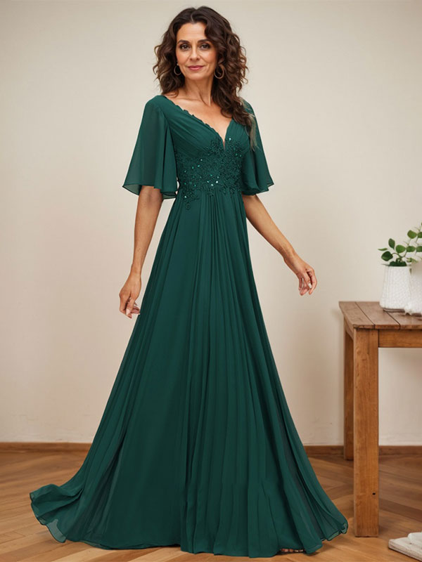 Vestido de corte A, escote en V, largo hasta el suelo, de gasa, para la madre de la novia, con apliques de lentejuelas y encaje plisado. 