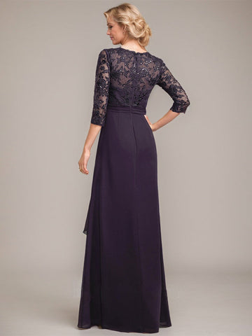 A-line V-Neck Floor-Length Lace Chiffon Mother of the Bride Dress With Cascading Ruffles Sequins